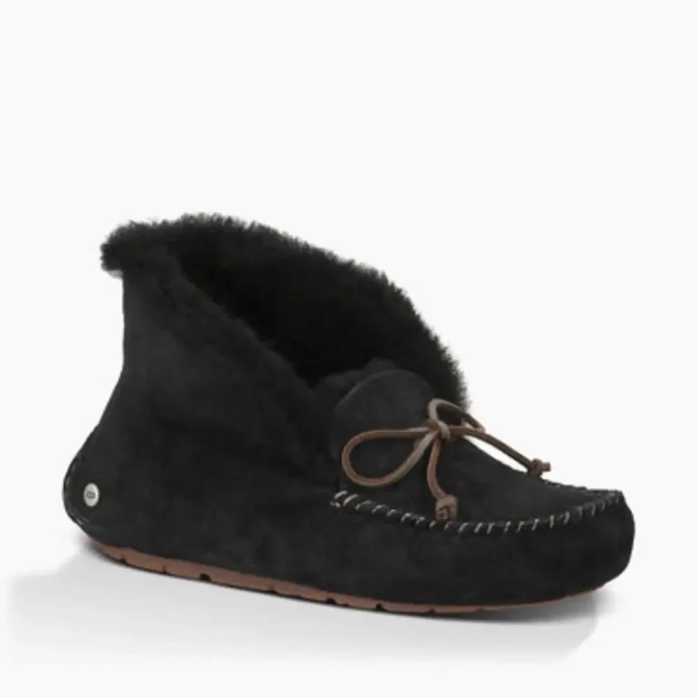 UGG Alena Flip Cuff Mock Slipper - Black Suede & Sherpa | Size Kids 2